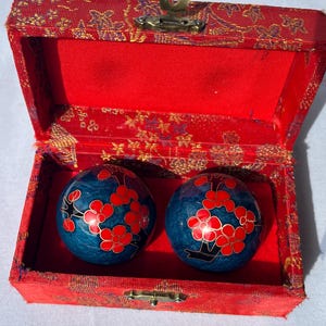 Vintage Chinese Baoding Balls in Original Box: Cloisonné Enamel with Chimes Meditation Health