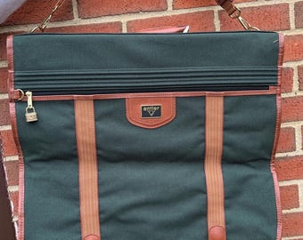 Vintage Antler klädväska - Brittiskt kulturarv grön kanvas och läderkostymbärare - Retro 80-tals hopfällbar resväska