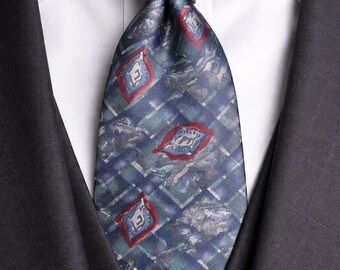 Corbata vintage RARA de Burtons 100% seda pura / Hecha en el Reino Unido / Estampado geométrico abstracto de los años 90 / Azul marino carmesí Heritage Menswear / Coleccionista