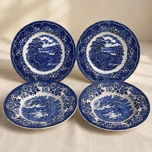 May include: A set of four round ceramic plates featuring a blue and white transferware pattern. Each plate displays a detailed landscape scene with trees and buildings in the centre, surrounded by a decorative floral border along the rim.
