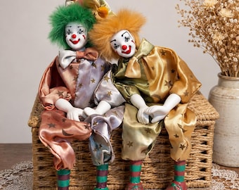 Rare 90s Vintage Porcelain Clown Doll Pair | Matching Collectible Jester Dolls | Pastel Circus Decor | Retro Shelf Display