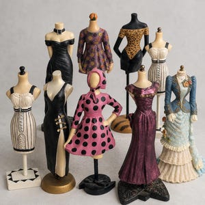 Könnte beinhalten: Eine Sammlung von neun Miniatur-Schaufensterpuppen-Figuren, die verschiedene Outfits präsentieren, darunter ein schwarzes schulterfreies Kleid, ein lila Blumenkleid, ein Leoparden-Body, ein gestreiftes Kleid, ein rosa gepunktetes Kleid und ein blaues Rüschenkleid.