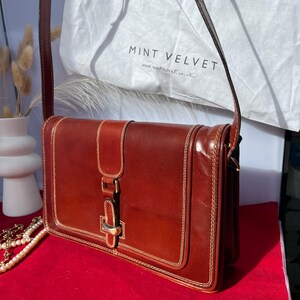 Vintage Italian Style Cognac Leather Satchel Bag | Hand-Stitched Tan Leather Crossbody Messenger | Heritage Style Shoulder Bag with Contrast