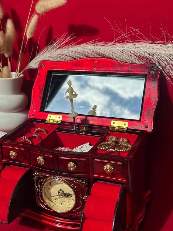 Vintage 90s Mahogany & Gold Ballerina Music Box Jewelry Cabinet