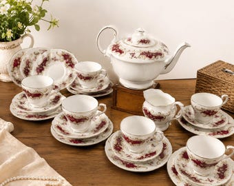 Rare Paragon Majestic Tea Set for 6 | 23-Piece Fine Bone China Tea Service with Teapot, Creamer | Royal Warrant Claret Burgundy & Gold Trim