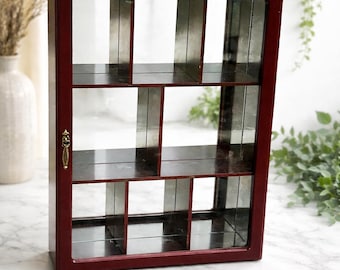 Rara vetrina da parete vintage in mogano massello – Vetrina da collezione a 8 scomparti con specchio – Vetrina di alta gamma per cimeli pregiati in miniatura