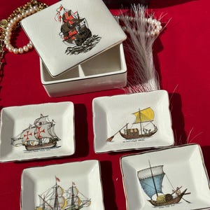 Vintage Sandland Ware Maritime Trinket Set - 5 Piece Set - Historic Sailing Ships - Santa Maria, Mayflower, Nile & Ganges - Staffordshire Po