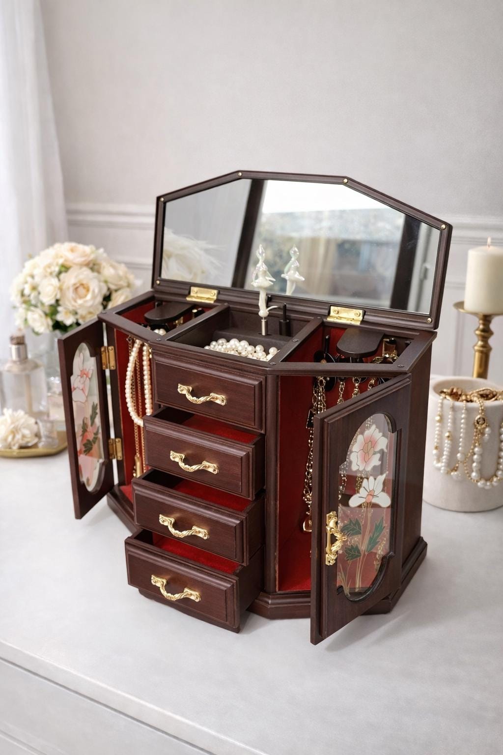 Vintage 1970s Musical Jewelry Armoire - Faux Wood Ballerina Music
