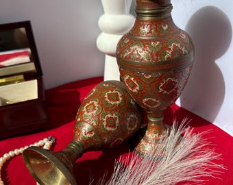 Vintage Pair of Indian Enamelled Brass Vases | 23cm Hand-Etched Floral Red & Gold Vases | Mid-Century Boho Decor | Meenakari Brassware Set 2