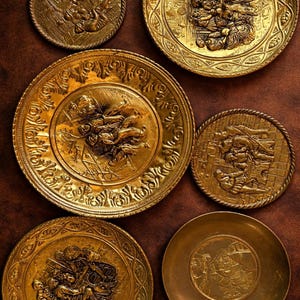 Può includere: Una collezione di piatti antichi color oro con intricati disegni in rilievo. I piatti variano in dimensioni e presentano scene in rilievo dettagliate, tra cui figure e bordi ornati. La disposizione è su una superficie marrone.