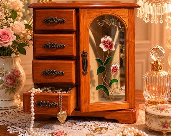Vintage smyckesskåp i trä | Smyckeskrin i garderobsstil från 1980-talet | Sminkbord i honungsfärgad ekfinish med blommig skärm