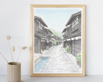 Japanische Straße Illustration Kunstdruck: Japan-Reise-Poster (Digitaler Download)