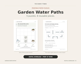 Quebra-cabeça de canos com caminhos de água no jardim para imprimir | 5 placas, 8 peças de papel reutilizáveis ​​| Download em PDF