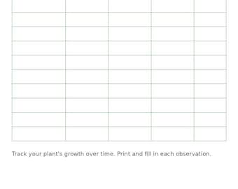 May include: A printable plant growth tracker with a green grid and headings for plant name, date planted, height, leaves, and observations. The title "Plant Growth Tracker" is at the top. The text at the bottom says, "Track your plant's growth over time. Print and fill in each observation."