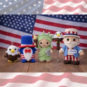 Juli 4th Häkelanleitung – 5 Amigurumi PDF | USA 250 Decor, Vaterländischer Gnom, Uncle Sam, Adler, Liberty Crochet