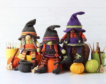 Patrón de ganchillo en PDF de gnomo bruja de Halloween, adorable gnomo bruja amigurumi, peluche de gnomo de Halloween, decoración de otoño, descarga digital.