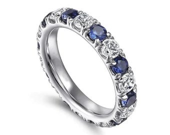 14k White Gold Blue Sapphire Diamond Eternity Band Ring
