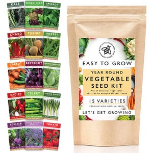 May include: A brown paper bag labelled "Easy to Grow Year Round Vegetable Seed Kit" containing 15 varieties of non-GMO UK vegetable seeds. Seed packets for kale, chard, carrot, radish, kohlrabi, mixed leaf, turnip, beetroot, celery, purple sprouting broccoli, spinach, rocket, spring cabbage, spring onion, and tomato are displayed.