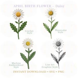 Paquete de imágenes prediseñadas de margaritas de abril (PNG/SVG) / Crochet, bordado, acuarela, grafito (descarga digital)