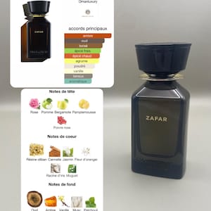 Può includere: Un flacone di profumo Zafar Omanluxury marrone scuro con tappo nero e finiture dorate. Il flacone ha la scritta "ZAFAR". L'immagine include una grafica con note di fragranza e il testo "pour homme et femme".