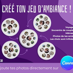 May include: A purple graphic with the text "CRÉÉ TON JEU D'AMBIANCE !" and circular designs featuring dog photos. The design includes the Canva logo and text in French, promoting a photo game.