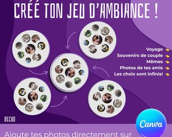 May include: A purple graphic with the text "CRÉÉ TON JEU D'AMBIANCE !" and circular designs featuring dog photos. The design includes the Canva logo and text in French, promoting a photo game.