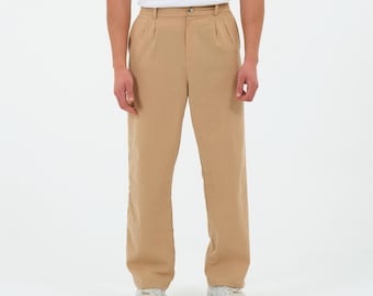 100% Cotton High Waist Wide Leg Men's Loose Beige Pants