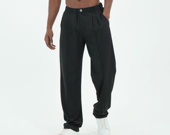 2XS–10XL Relaxed Fit Faux Button Wide Leg Pleated Black Pants