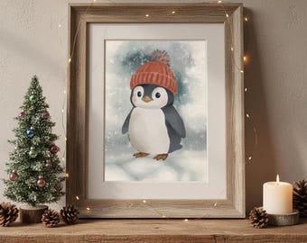 May include: Framed artwork featuring a watercolor penguin wearing a red knit cap with a pom-pom. The penguin is depicted on a snowy background. The artwork is in a wooden frame, displayed on a rustic wooden shelf with Christmas decorations.