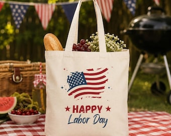 Happy Labor Day American Flag Tote Bag | Cotton Canvas Tote