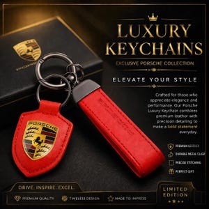 May include: Red leather Porsche keychains with metal clasps. One keychain features the Porsche logo on a shield, the other has the Porsche name embossed. The image includes the text "LUXURY KEYCHAINS" and "LIMITED EDITION".