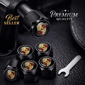 Porsche Aluminium Valve Stem Caps – Black with Coloured Crest – Set of 5