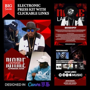 May include: An electronic press kit with clickable links, featuring images of a DJ/Producer/Actor. The kit includes a biography, performance details, and music links. The design incorporates red and black elements with the text "BIG Sale".