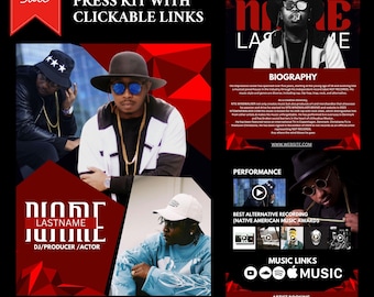 May include: An electronic press kit with clickable links, featuring images of a DJ/Producer/Actor. The kit includes a biography, performance details, and music links. The design incorporates red and black elements with the text "BIG Sale".