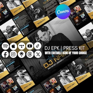 May include: A promotional press kit titled "DJ EPK | PRESS KIT" with a black and gold design. The kit includes social media icons, a biography section, and a DJ's name. The Canva logo is visible. The text reads "RAP ARTIST | SINGER | PRODUCER".