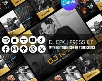 Editable DJ Musician EPK Clickable links Template: Canva Electronic Press Kit (4 Page)