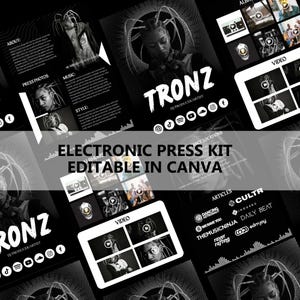 May include: A black and white electronic press kit design featuring the artist TRONZ. The design includes photos, music information, and video thumbnails. Text on the kit reads "ELECTRONIC PRESS KIT EDITABLE IN CANVA".