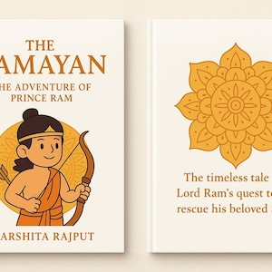 May include: Book cover for "THE RAMAYAN" with the subtitle "THE ADVENTURE OF PRINCE RAM". The cover shows Prince Ram with a bow and arrow. The author is "HARSHITA RAJPUT". The second cover has a floral design and text: "The timeless tale of Lord Ram's quest to rescue his beloved Sita."