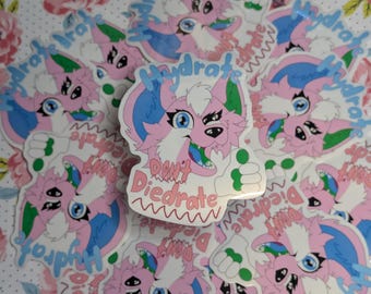 May include: A collection of stickers featuring a cartoon character with pink, blue, and green accents. The stickers have the word "Hydrate" in blue and the phrase "Don't Diedrate" in pink.