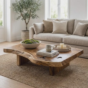 Op de afbeelding: Een salontafel van natuurlijk hout met een live edge design. De tafel is rechthoekig met een lichtbruine afwerking en staat op een geweven jute vloerkleed. Op de achtergrond staat een beige bank met kussens. Een kom met mos en een mok staan op de tafel.