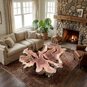 May include: A living room featuring a distinctive wooden coffee table with an irregular shape. The table is brown with a light edge, placed on a patterned rug. A beige sofa with cushions and a stone fireplace are also present.