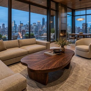 Puede incluir: Un salón moderno con una gran mesa de centro de madera oscura y un sofá seccional beige. La habitación tiene ventanales que ofrecen una vista panorámica de un horizonte urbano al anochecer. Una chimenea y un sillón acogedor completan el espacio.