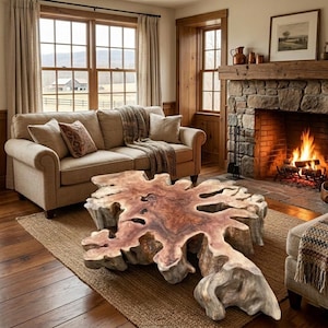 Könnte beinhalten: Ein Wohnzimmer mit einem großen, einzigartigen Couchtisch aus Holz. Der Tisch besteht aus einem einzigen Holzstück mit unregelmäßiger Form und natürlicher Oberfläche. Ein beiges Sofa mit Kissen und einer Decke steht vor einem Steinkamin.