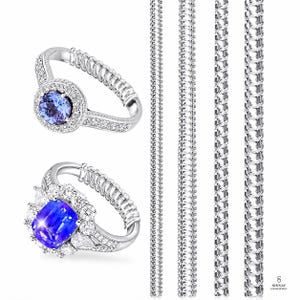 May include: Two silver rings with large, vibrant blue gemstones. One ring features a round blue stone surrounded by a halo of smaller stones. The other ring has a square blue stone with surrounding white stones. Several silver chains are also shown.