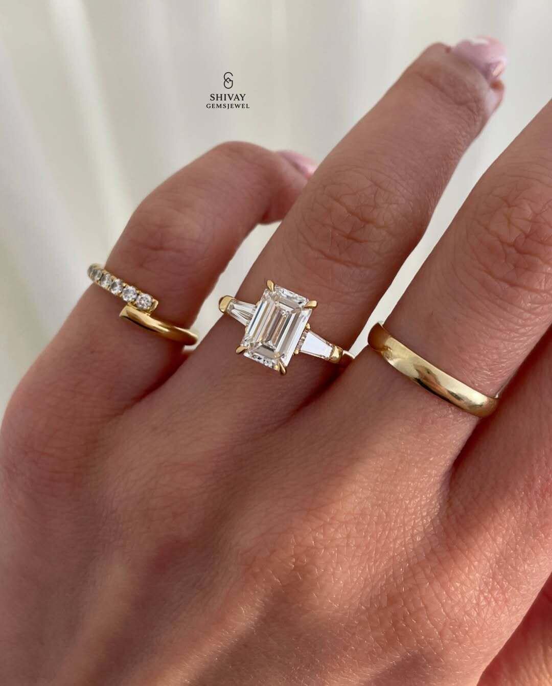 2 CT Emerald Cut Lab Grown Diamond Three Stone Engagement Ring - Etsy