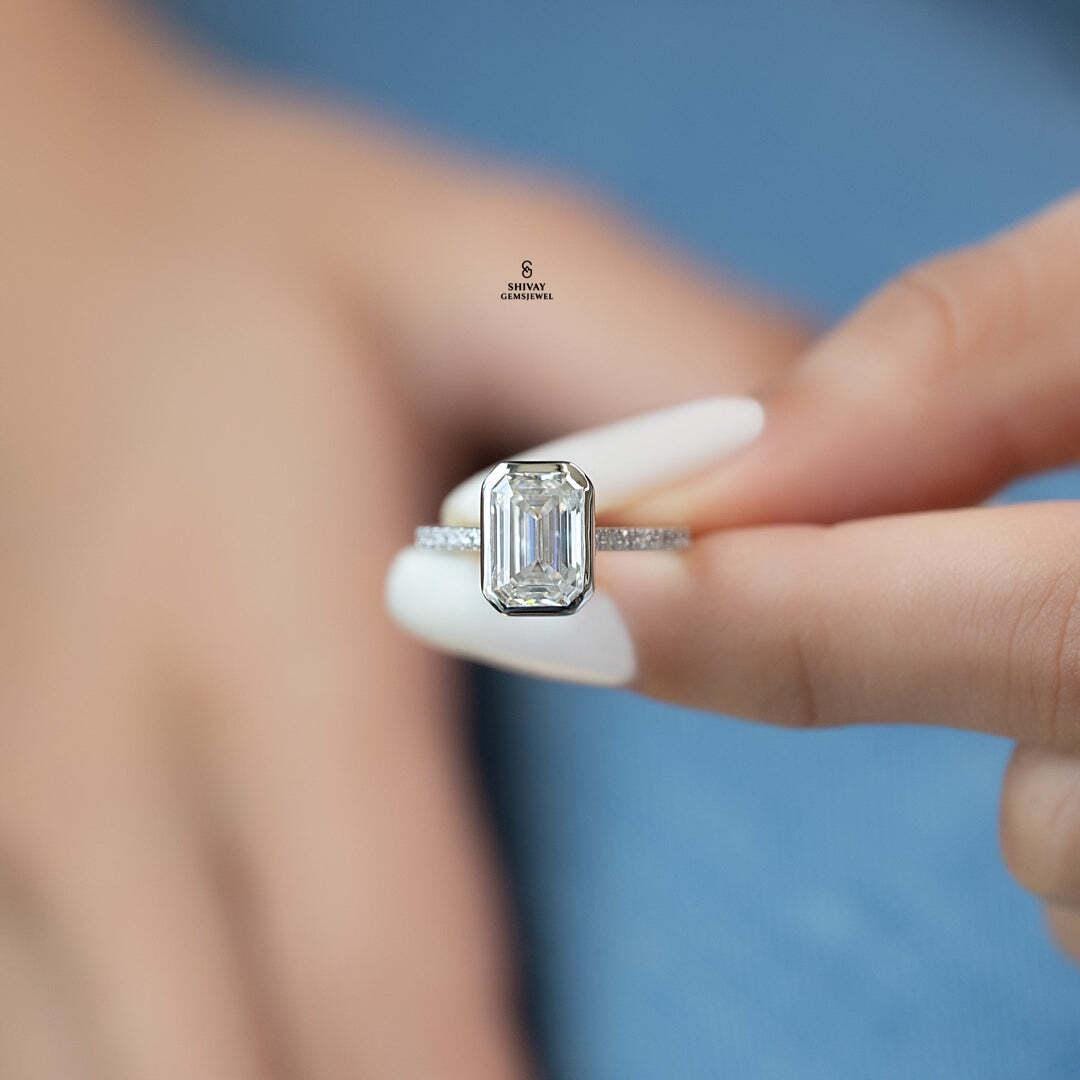 Emerald Cut Lab Grown Diamond Ring, 14k Gold Bezel Set Engagement Ring ...