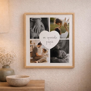 Può includere: Un collage fotografico incorniciato con quattro immagini in bianco e nero. Un cuore bianco con la scritta "sei speciale papà" è al centro. La cornice è in legno chiaro ed è appesa a un muro strutturato.
