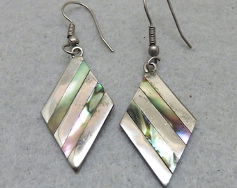 Vintage Alpaca Metal and  Abalone Shell Diamond Shaped Pierced Earrings
