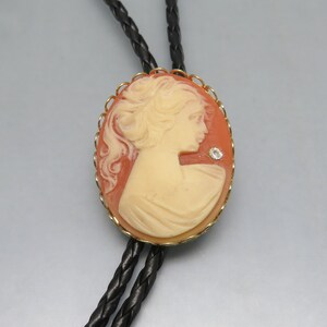 Vintage Faux Cameo Bolo Tie, Rhinestone Accent, Handmade