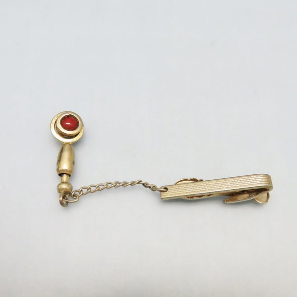 Vintage Golden Swirl and Cranberry Bead Tie Clasp and Stick Pin, Cravat or Ascot Tie Clip